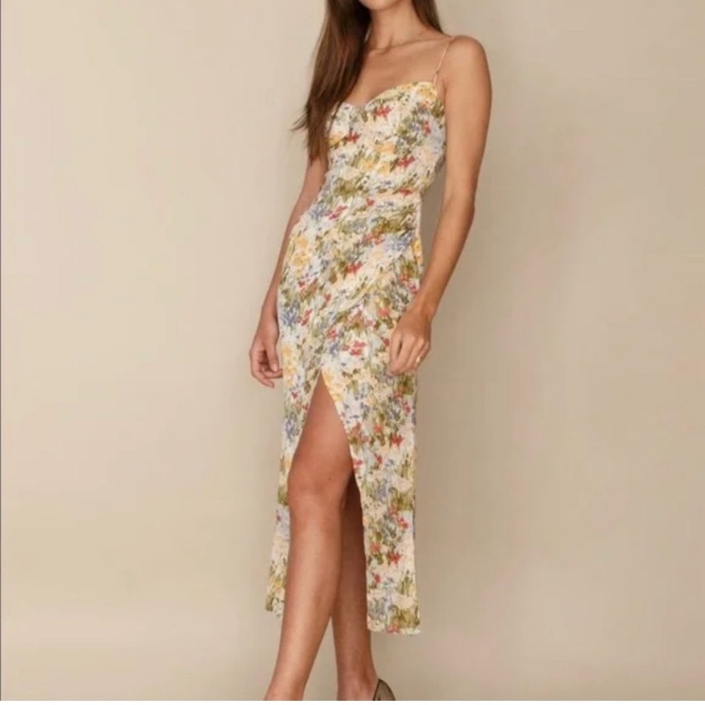 Reformation Floral Midi Dress in Cream with Yellow, Green & Pink